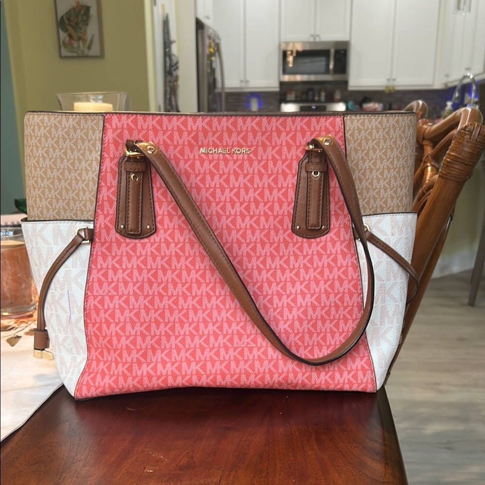 Michael Kors pink-orange and Brown Signature Tote